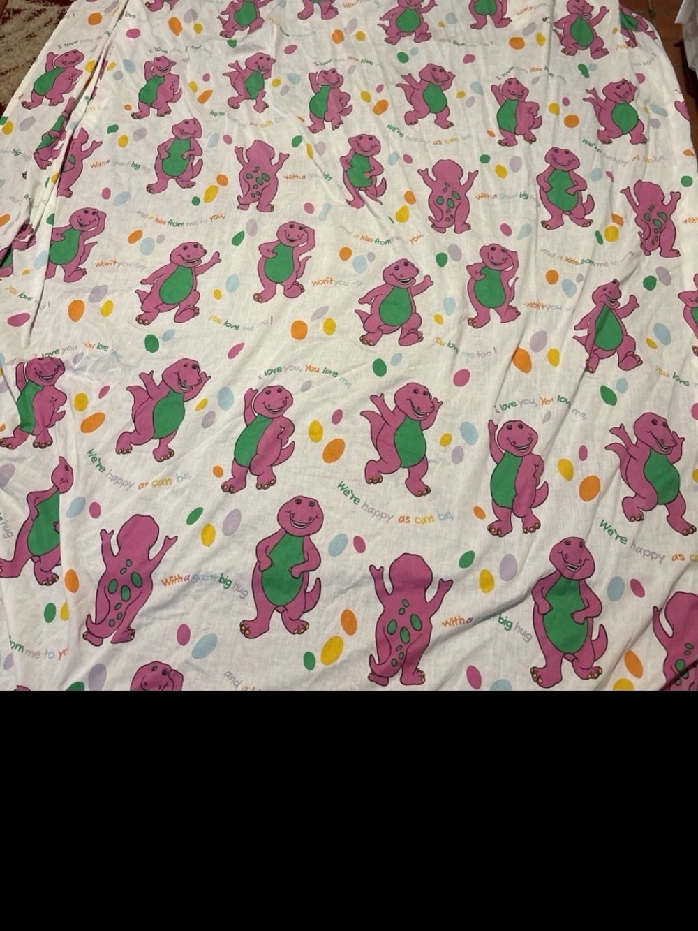 VINTAGE BARNEY THE DINOSAUR 1992 Full FLAT SHEET USA MADE FABRIC CRAFTS EUC